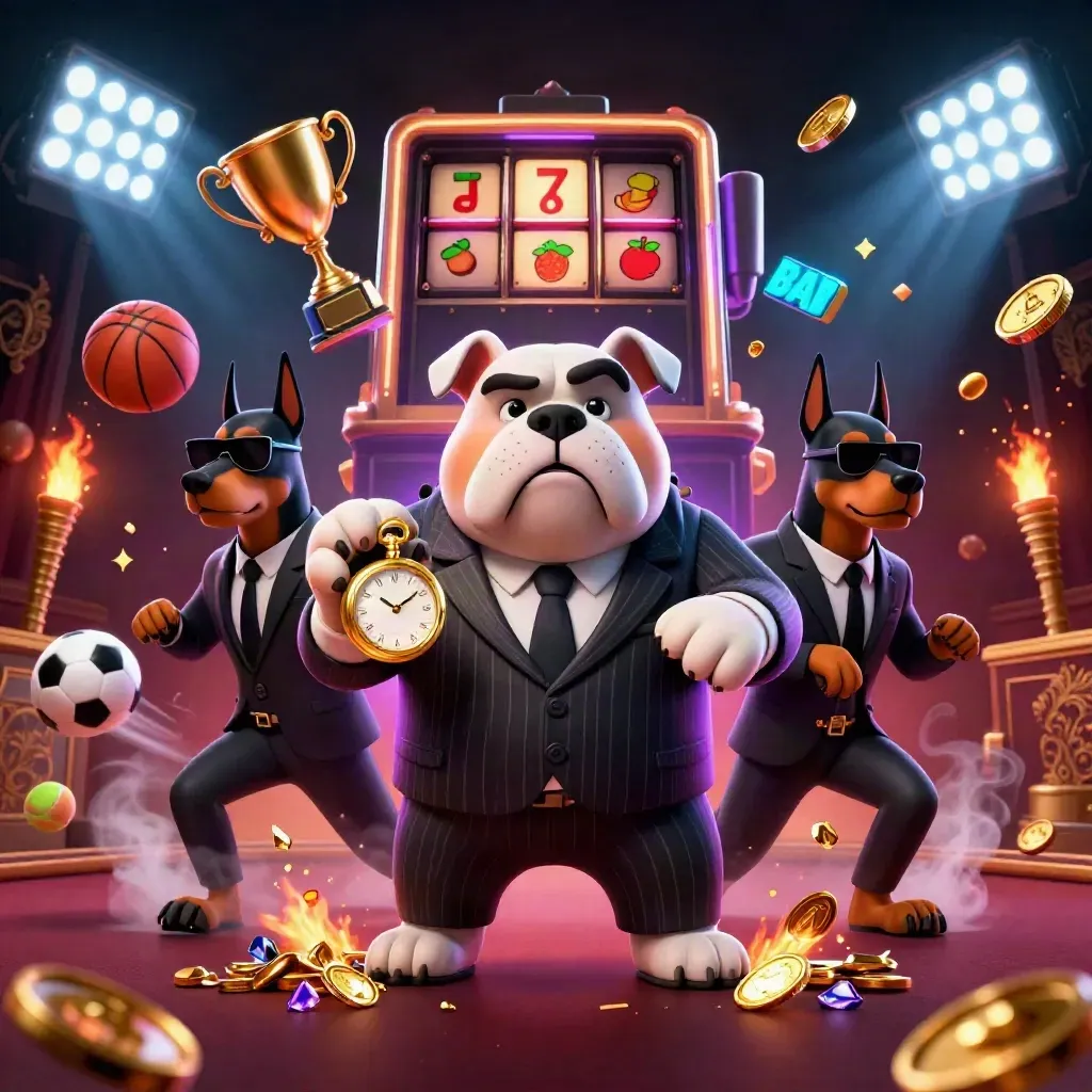 Bulldog boss with Dobermans amid casino treasure, sports balls, and cyan neon glow.