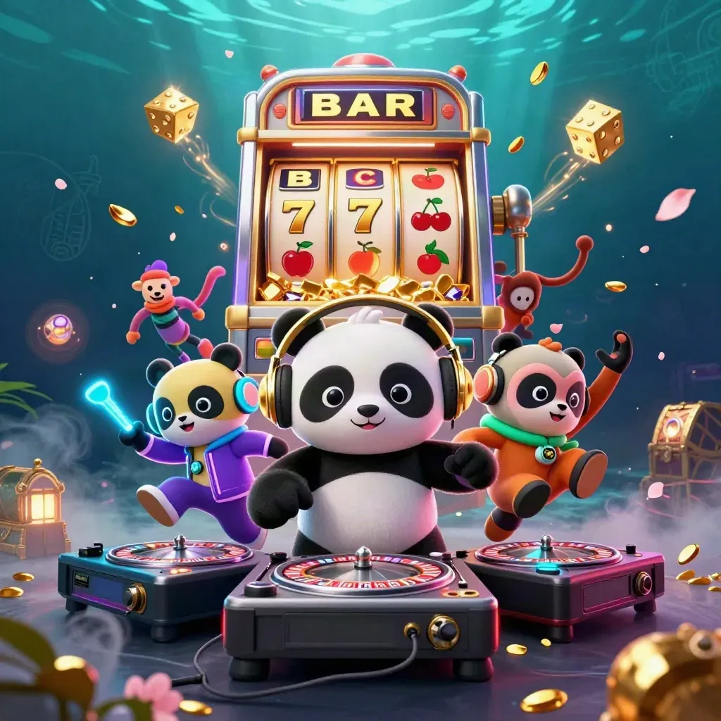 DJ panda, monkey, and glow kitten amid jackpots, gold, and neon casino chaos underwater
