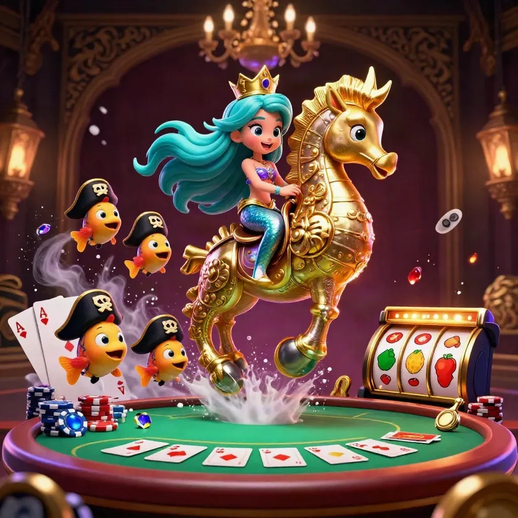 Mermaid princess riding armored seahorse amid casino chips, cards, reels, and glowing embers.