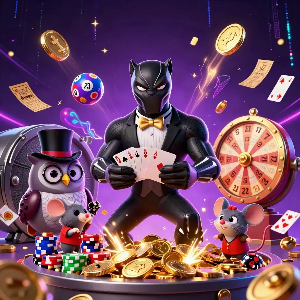Black panther, owl, and mouse amid casino coins, cards, fireworks, and neon energy