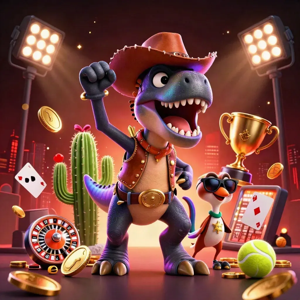 Cowboy T-Rex, cactus sidekick, and sheriff roadrunner amid coins, balls, and fireworks.