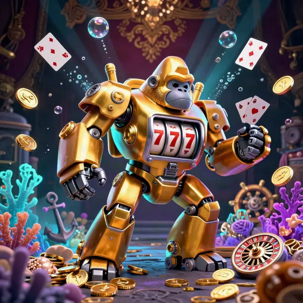 Golden gorilla slot mech and tiny monkey pilot burst from a treasure cove with coins, cards, and cyan-purple glow.