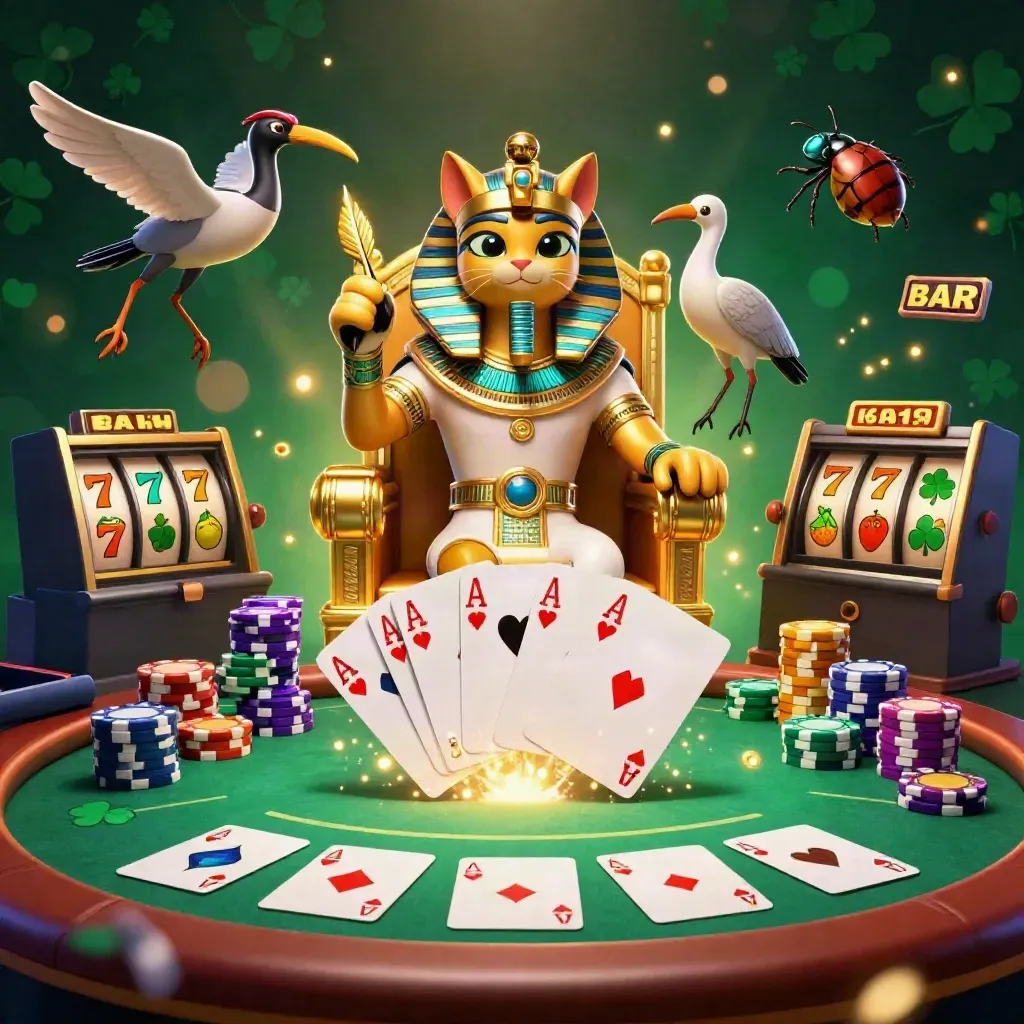 Pharaoh cat throne scene with ibis scribe, gem scarabs, poker chips, aces, and casino reels.