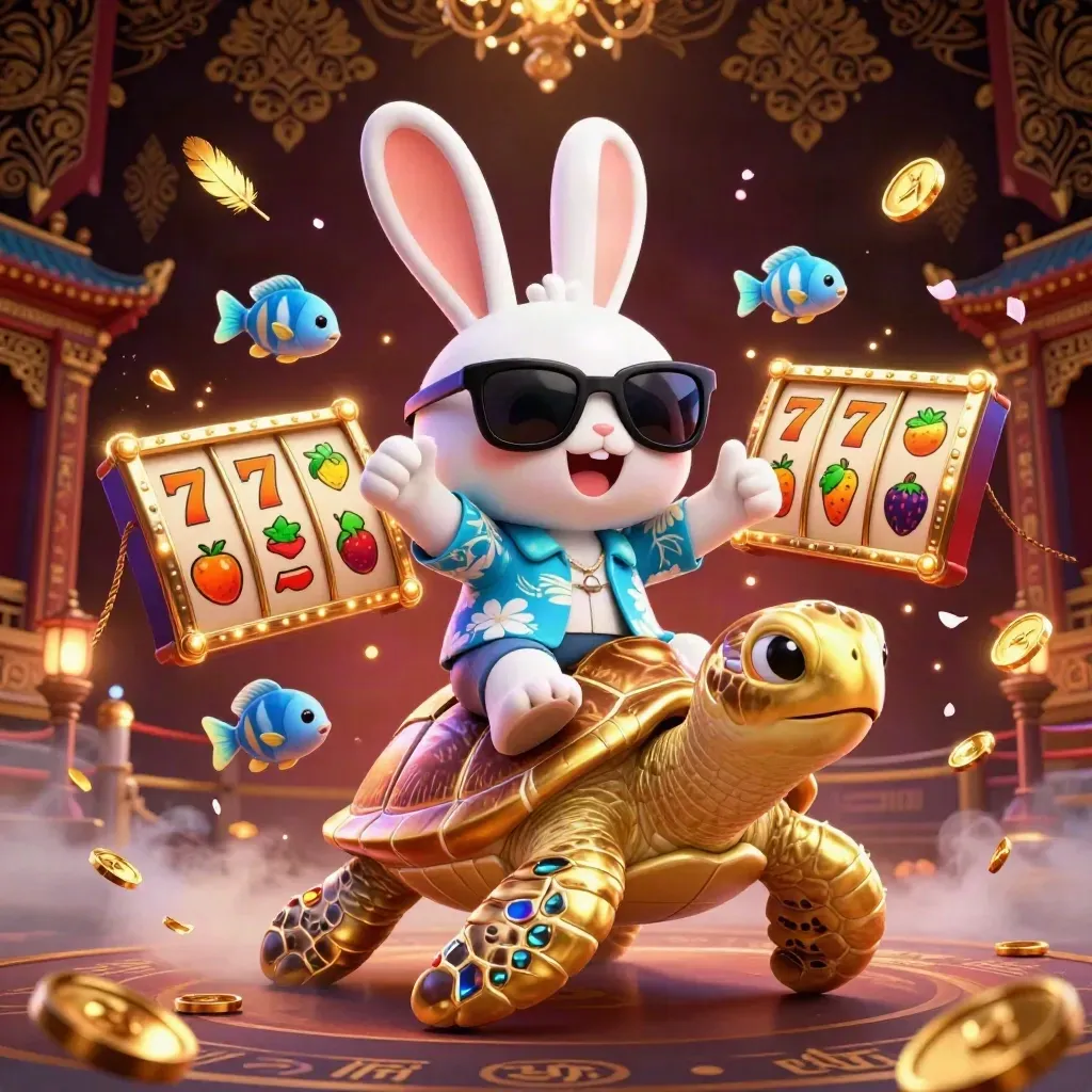 Rabbit rides a jeweled sea turtle amid casino symbols, temple gate, petals, and neon glow.