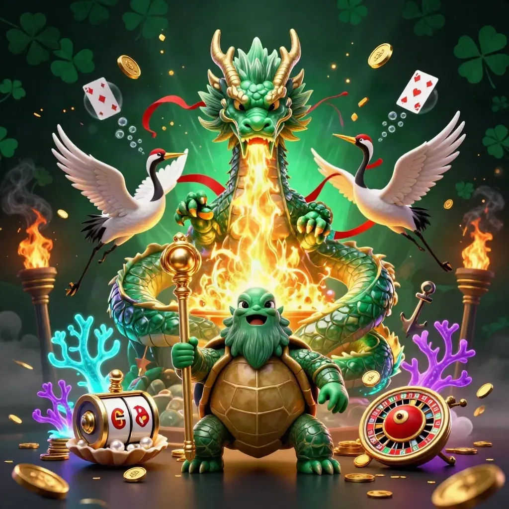Jade dragon, turtle sage, and cranes amid gold coins, coral, cards, and neon casino glow.