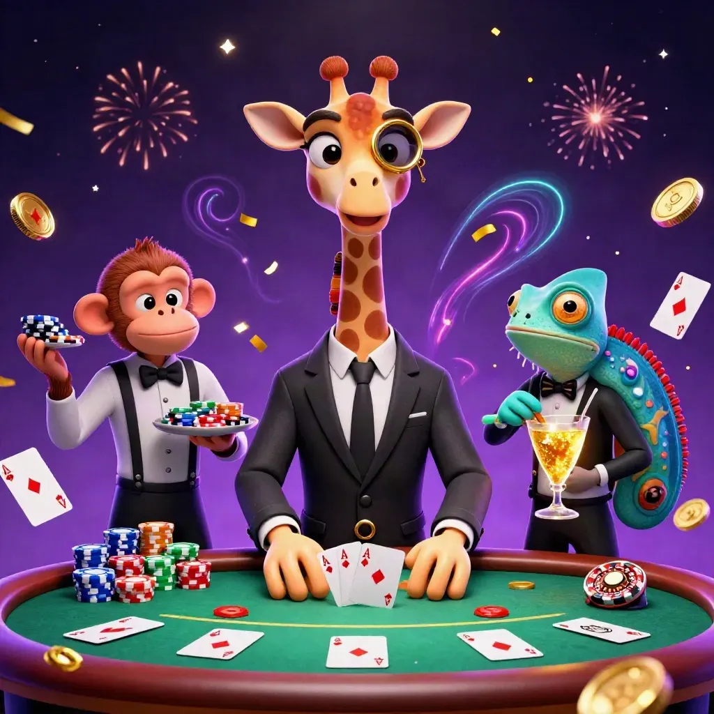 Giraffe, monkey, and chameleon at a neon poker table with casino sparks