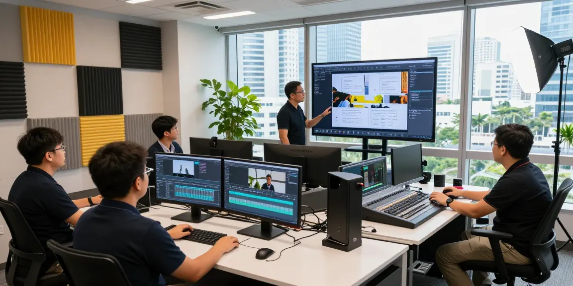 Corporate Video Production Company in Singapore team collaborating in a modern editing studio, showcasing professionalism and creativity.