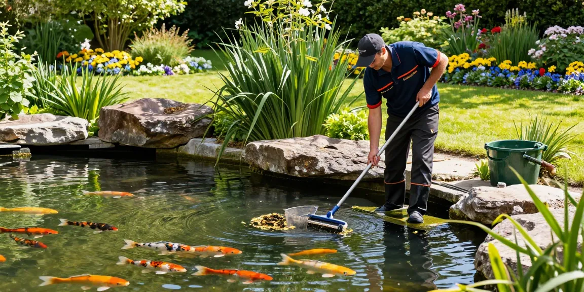 Pond Clean Surrey in action with professionals cleaning a serene garden pond surrounded by lush greenery and colorful koi fish.