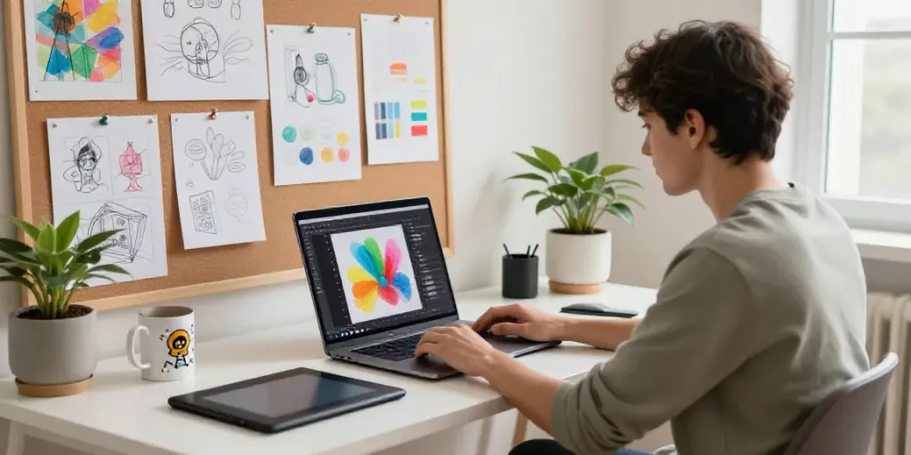 Dynamic digital workspace featuring a creative professional using an online AI website image generator on a laptop.