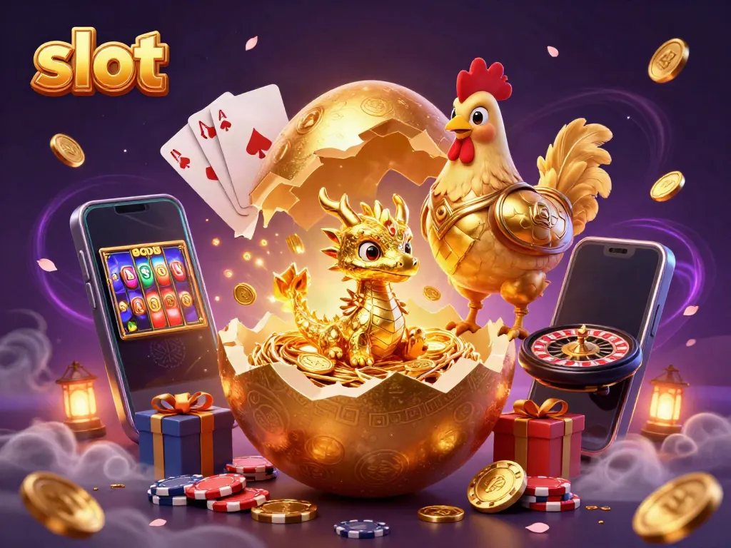 Experience the excitement of slot gaming with a golden dragon showcasing treasures and vibrant casino elements.