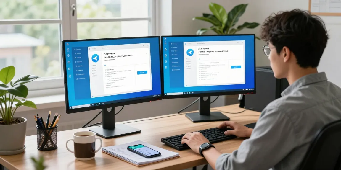 Developer using Telegram中文 in a modern office space for programming and communication