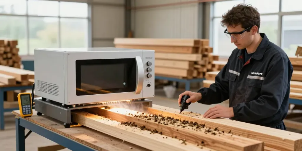 Shashel® microwave system eliminating wood-boring insects in a modern workshop setting.