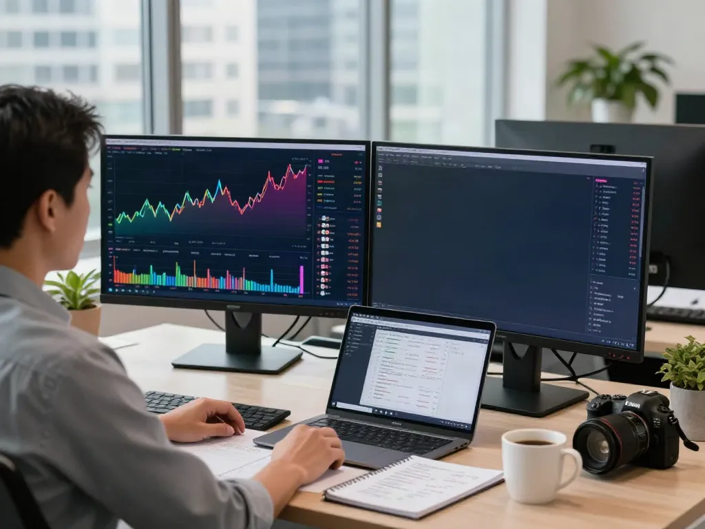 Focused trader using tradingview官网 on dual monitors in a modern office.