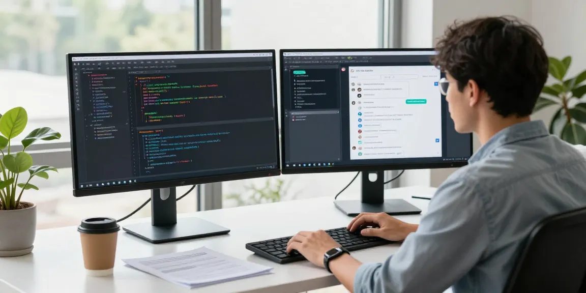 Developer coding at a workspace with 纸飞机中文版 and tech tools, showcasing a modern software environment.