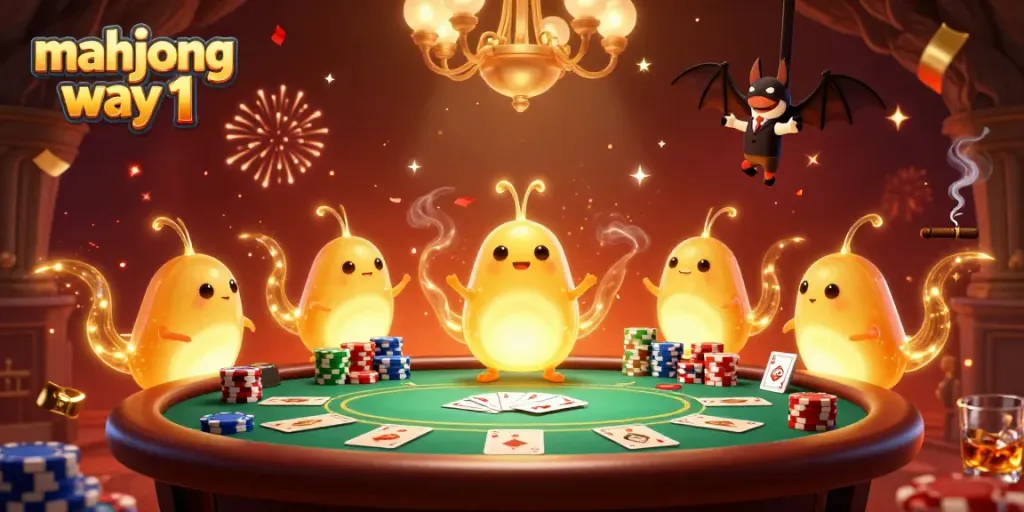 Experience the excitement of mahjong way 1 with glowing characters in a vibrant casino scene filled with poker elements.