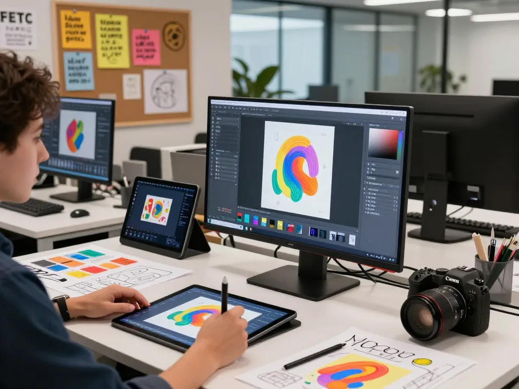 Digital artist engaging with the Nano Banana 2 AI image editor in a modern tech workspace, showcasing innovative features and artistic creativity.
