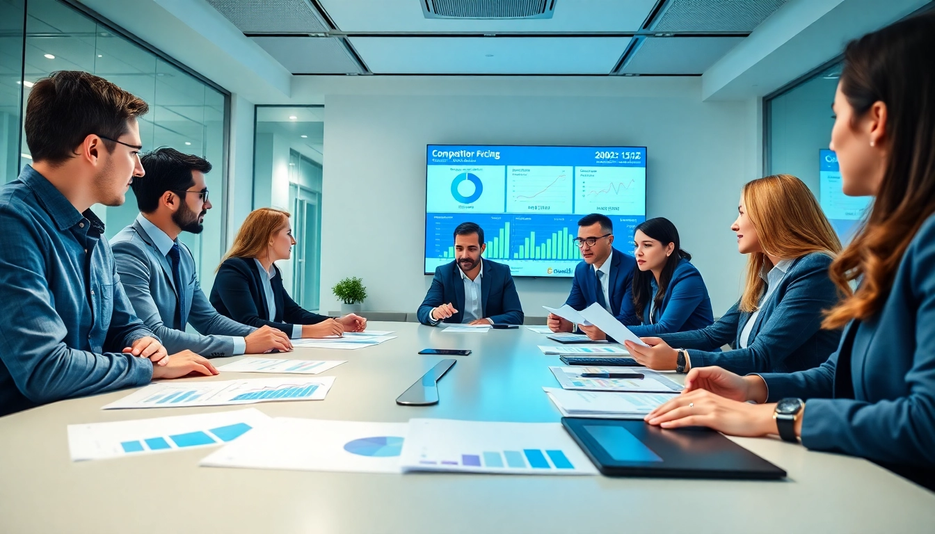 Analyze competitor pricing strategies in a professional business meeting setting with diverse colleagues.