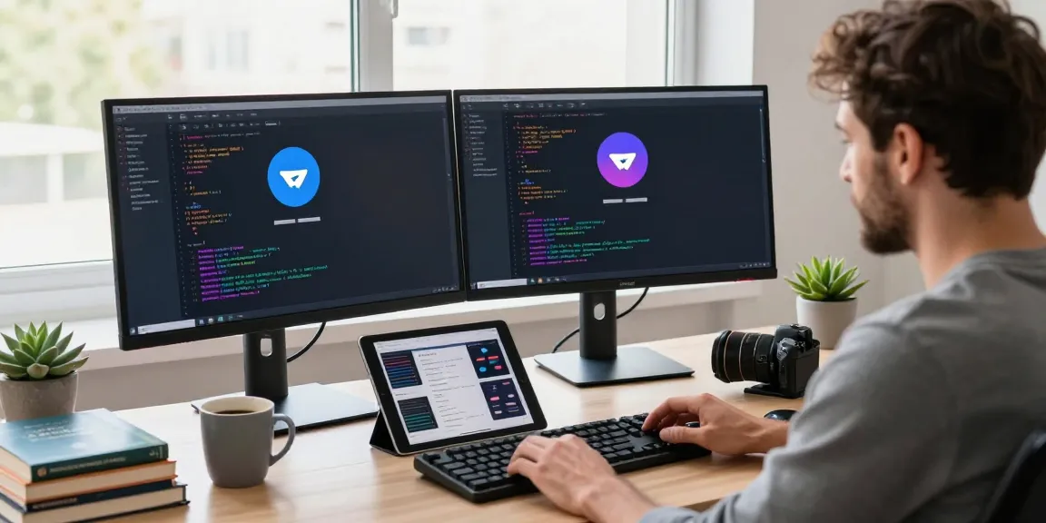 Focused developer coding the 纸飞机中文版 app in a modern tech workspace with dual monitors.