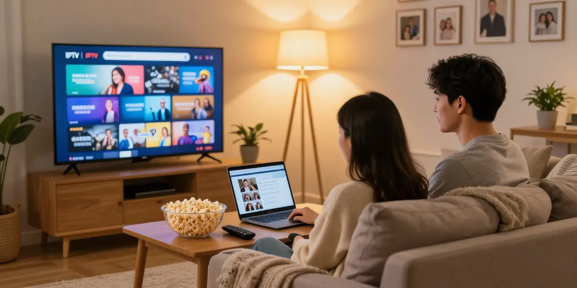 American couple enjoying IPTV in their living room; read the full guide to learn about streaming.