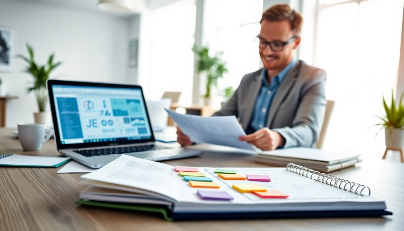 Engaging consultant working on Proposal Writing and Management tasks in a modern office