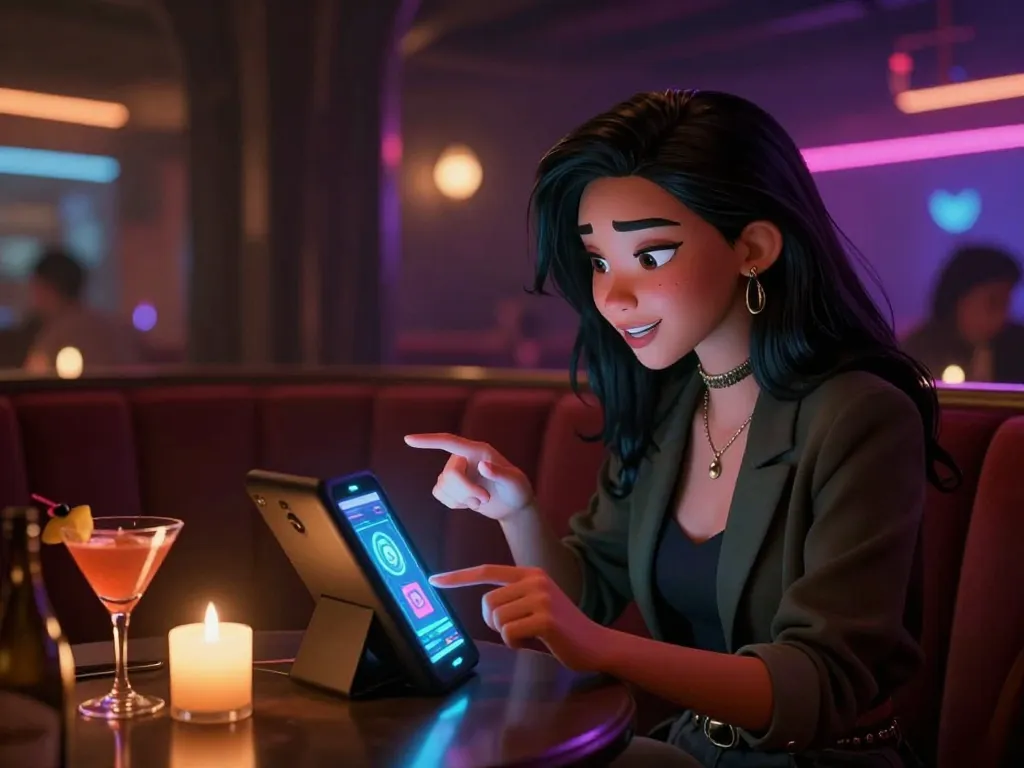 Animated character showcasing flirtatious nsfw ai interaction in a stylish lounge setting.