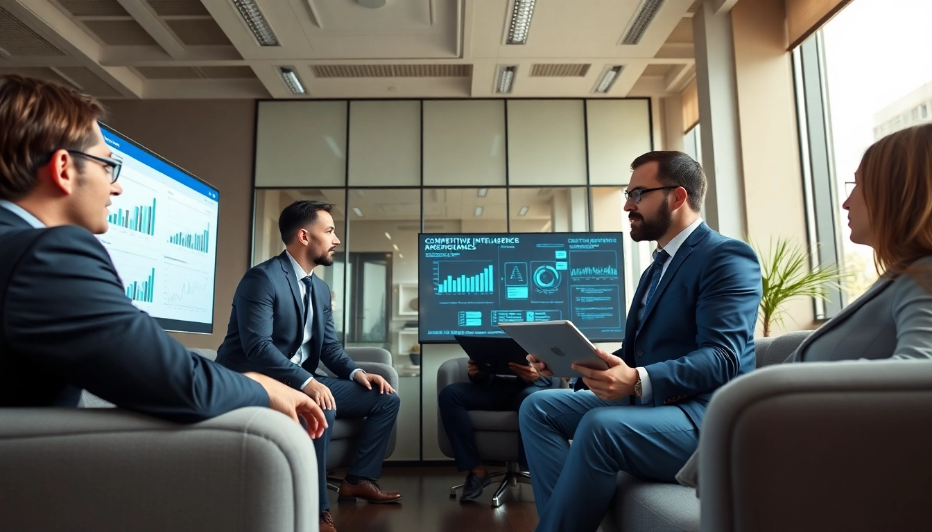 Sales representatives utilizing competitive intelligence for sales in a modern office with digital displays.