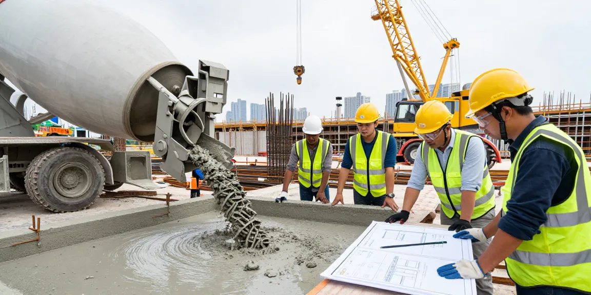 Workers collaborating on NAGA2000 concrete project, showcasing heavy machinery and safety protocols