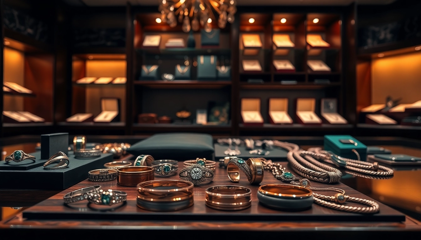 Showcase of exquisite men's jewelry rings and bracelets emphasizing style and elegance.