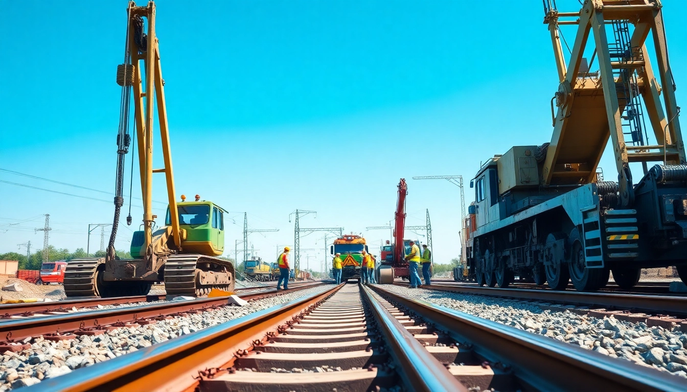 Railroad Construction team working on heavy machinery and newly laid tracks at a construction site.