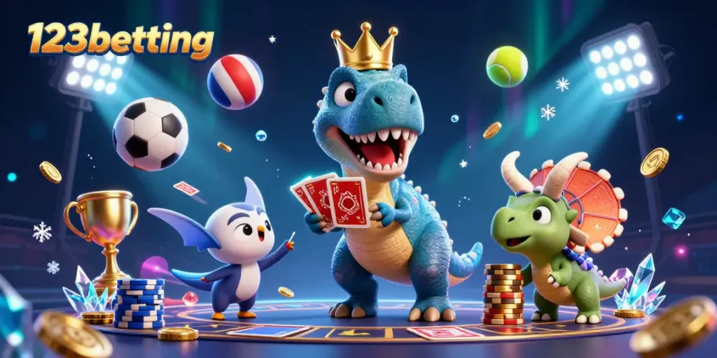 Experience thrilling card shuffling at 123betting with playful dinosaur characters amidst sports-themed excitement!