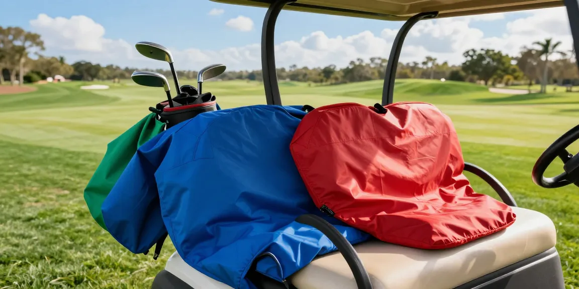 Golf cart seat covers being installed on a sunny day at a golf course, with colorful options nearby.