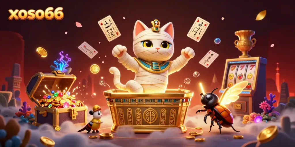 xoso66 features a mummy cat and glowing scarab in a vibrant casino setting with game elements.