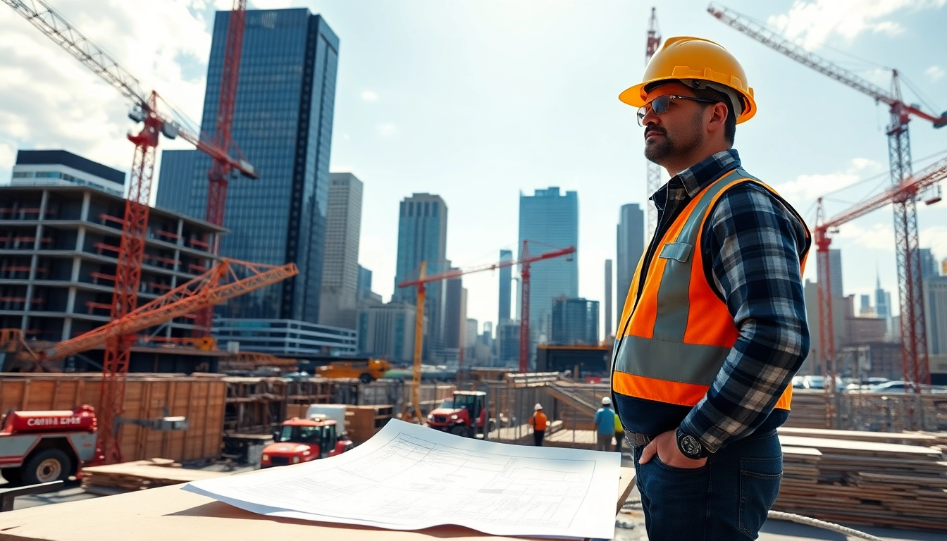 New York Commercial General Contractor managing a lively construction site with workers and machinery.