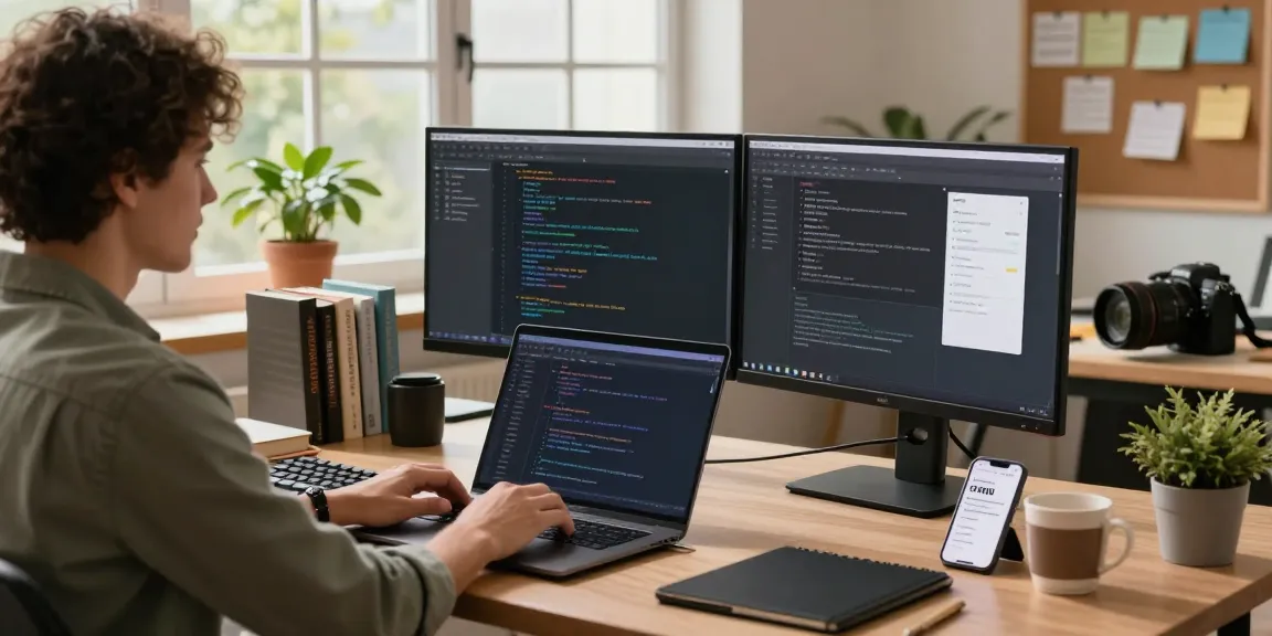 Dynamic home office workspace showcasing 纸飞机中文版 software development tools and creative environment.