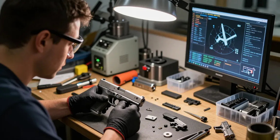 Custom Glock slides at https://precisionglockslides.com being crafted by skilled gunsmith in a precision workshop.