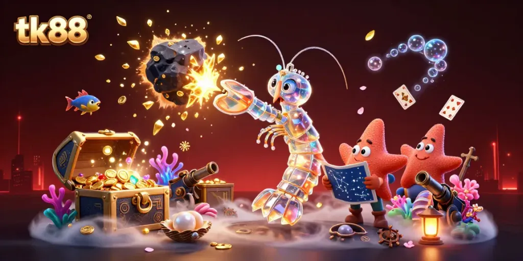 Engage in play at tk88 with the vibrant and dynamic casino-themed 3D scene featuring treasure and games.
