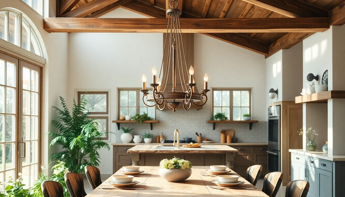 Illuminate your space with an elegant island chandelier enhancing rustic kitchens.