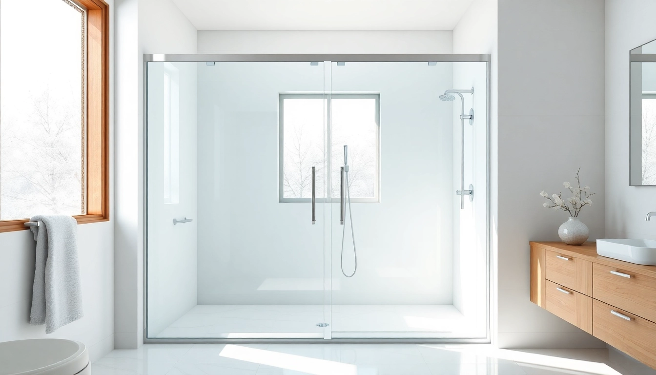 Showcasing sleek and modern sliding shower doors in a beautifully designed bathroom.