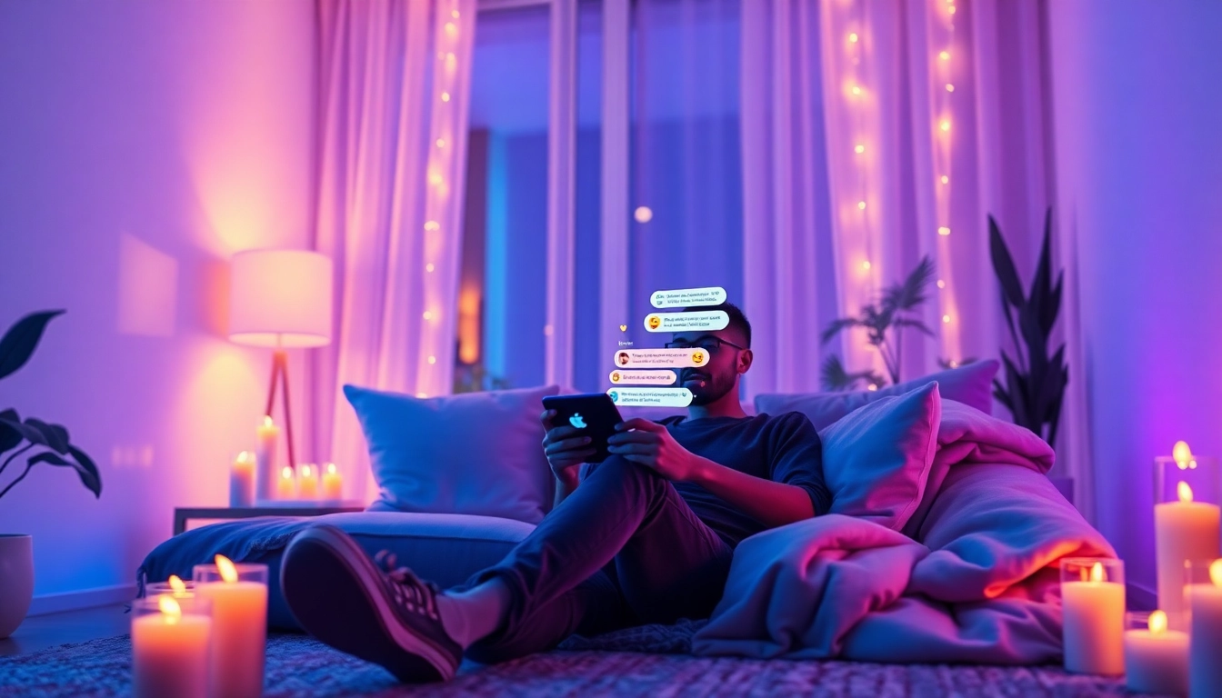 Engaging scene of an individual enjoying a cozy sex chat ai experience with an AI chatbot.