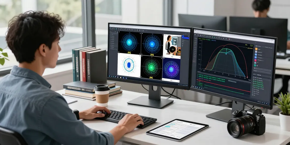 AI detector workspace with expert analyzing images on high-resolution monitors, showcasing image formats for analysis.