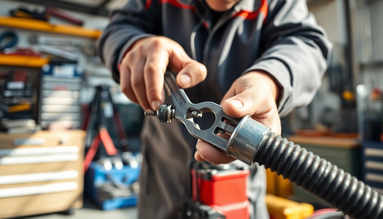 Expert technician performing hydraulic hose repair in a busy workshop with crimping tools.