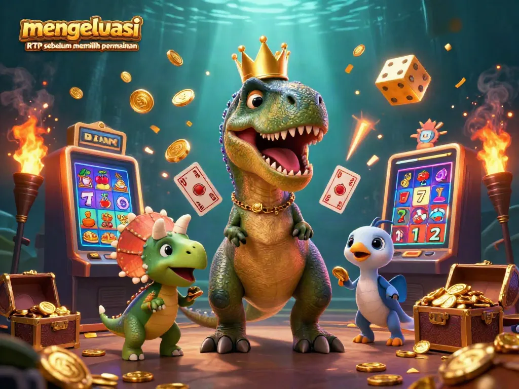 Bermain sambil mengevaluasi RTP sebelum memilih permainan slot dengan antusias di ilustrasi kasino yang ceria.