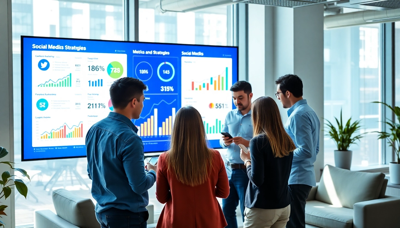 Collaborating team analyzing metrics for effective smm services in a vibrant office setting.