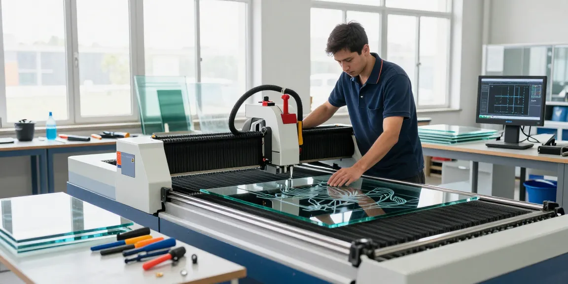 CNC cutting machine glass in a bright professional workshop with technician operating advanced glass processing equipment.