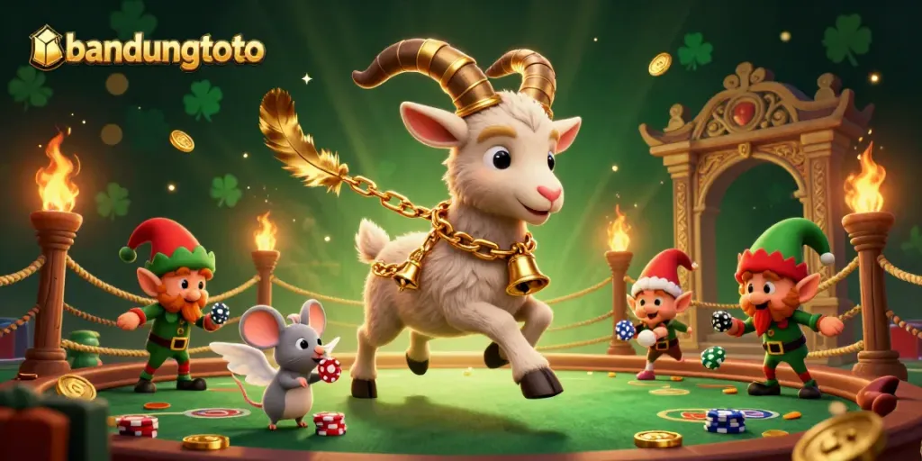 Bandungtoto's festive casino illustration features a Krampus goat, playful mouse, and elf gremlins amidst thrilling gaming action.