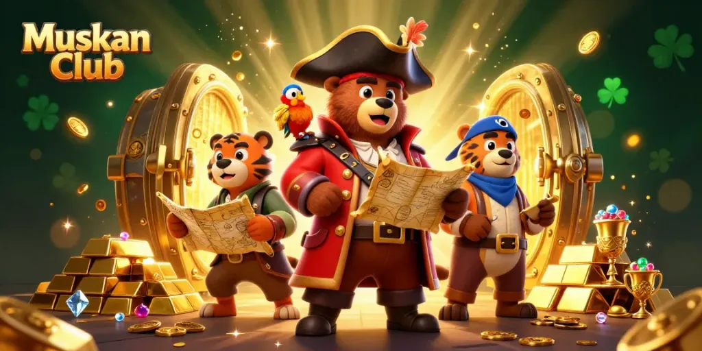 Win big with Muskan Club in a vibrant 3D casino adventure scene full of treasures and fun!