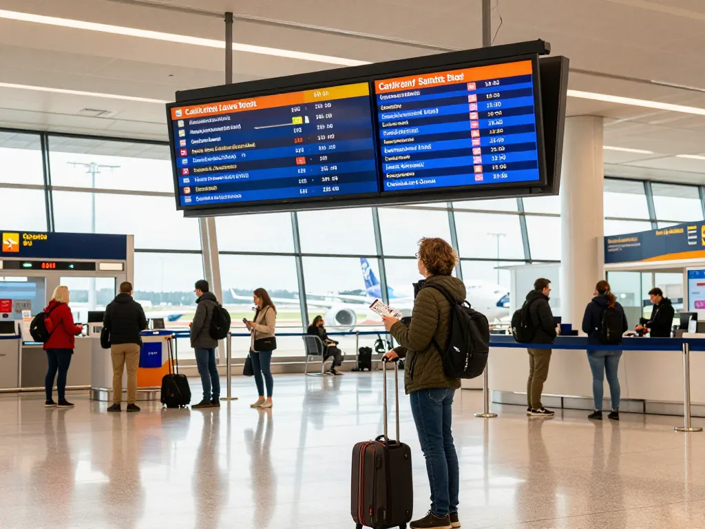 Exciting travel moment at Cardiff Airport from Halifax, with a traveler checking flight info and modern airport scenery.
