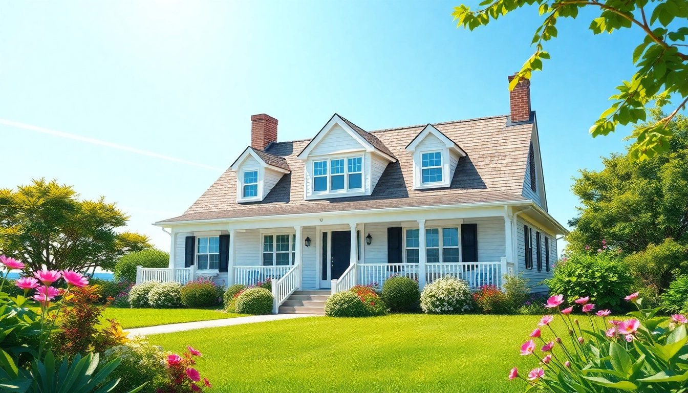 Stunning cape cod home surrounded by vibrant gardens and clear skies.