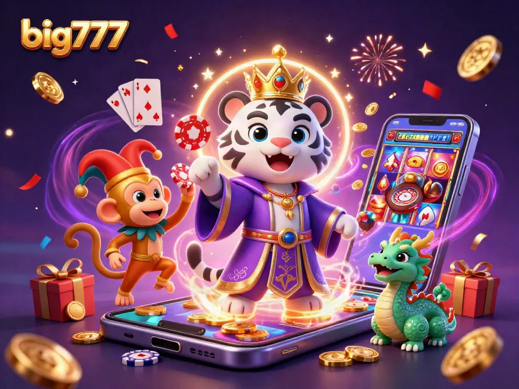 Experience big777 thrills with an elegant tiger, monkey, and jade dragon amid casino elements.