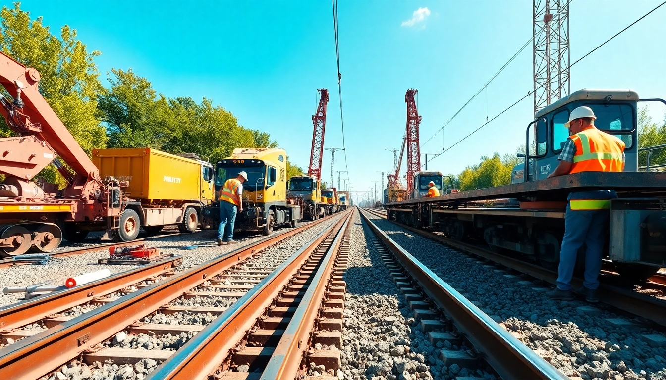 Workers engaged in Railroad Construction activity with heavy machinery and tracks installation.